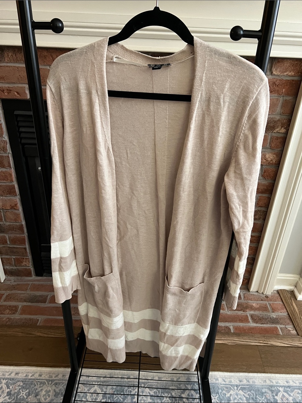 Jones New York Light Taupe and Cream Open-Front Women's Cardigan